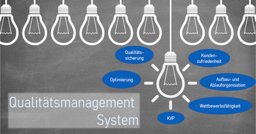 Qualitätsmanagement SystemTitelbild: mehrere Glühbirnen und Schlagwörter