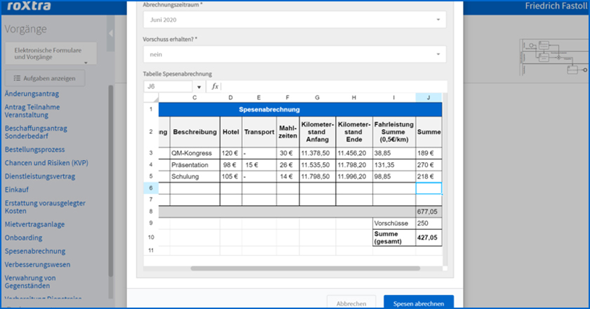 Screenshot von roXtra Beitragsbild Spreadsheet Spesenabrechnung