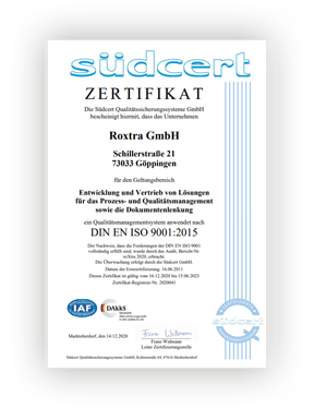 ISO 9001:2015 Zertifikat roXtra