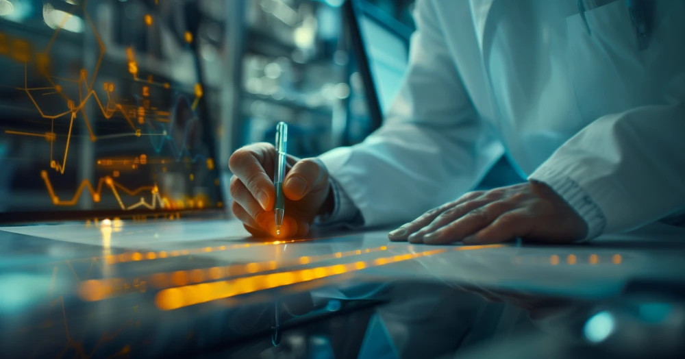 Scientist in a lab coat writes on a glowing touchscreen displaying orange data graphs.