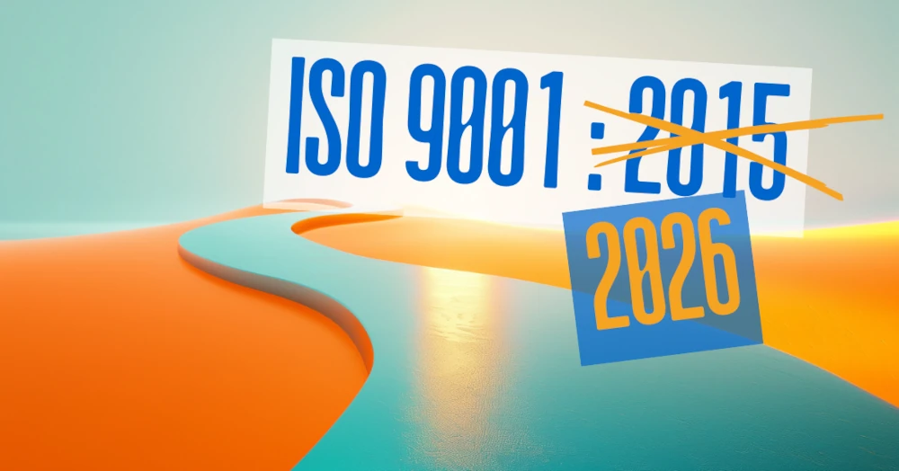 Abstract illustration showing ISO 9001:2015 crossed out, with a blue tile reading 2026, indicating a renewal/update timeline.