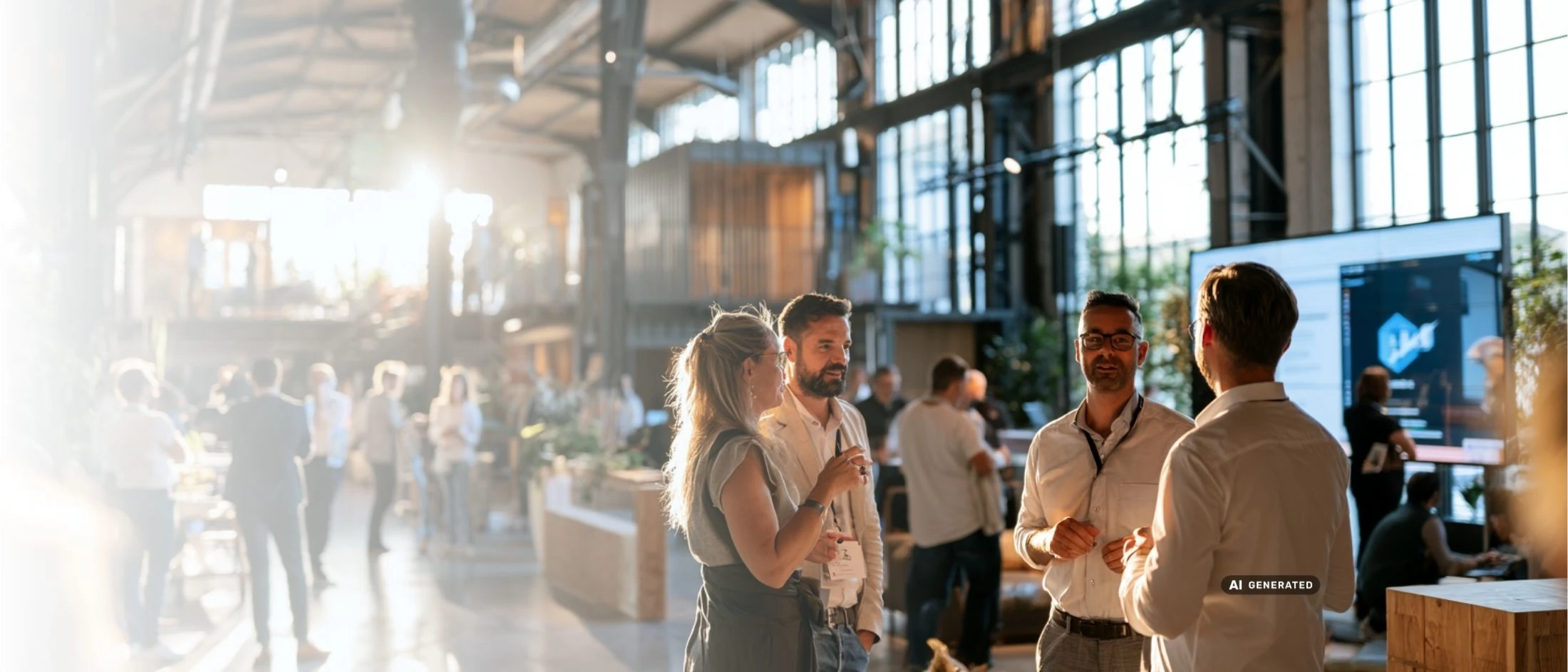 Professionals networking and chatting in a bright industrial-style conference hall with a large presentation screen in the background.