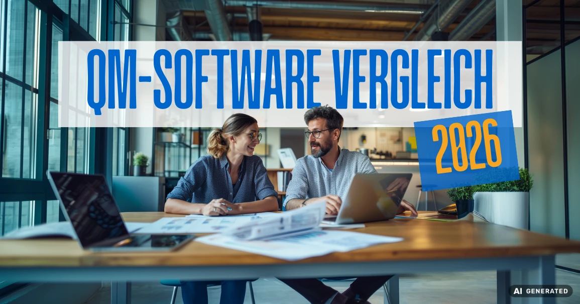 Two coworkers discuss at a wooden conference table in a bright office; a banner reads 'QM-Software Vergleich 2026'.
